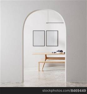 Poster frames mock up in modern room interior in white color with arch, wooden table, 3d rendering