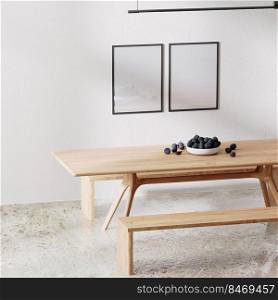poster frames mock up in modern room minimalist interior with white all with sunlight and shadow, wooden table with benches,  dinning room, 3d rendering