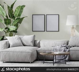 poster frames mock up in modern room with gray sofa and coffee table and tropical plant, 3d rendering