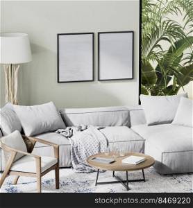 poster frames mock up luxury living room interior with gray sofa with tropical background in window, 3d rendering