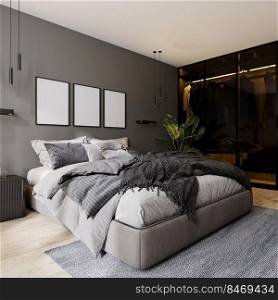 poster frames mockup in modern bedroom interior with gray wall and bed and glass closet with backlight, 3d rendering