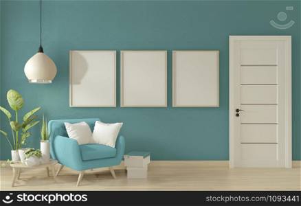 poster mock up living room interior with blue armchair sofa on blue room design minimal design. 3D rendering