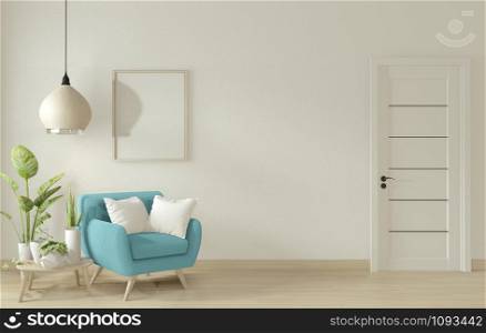 poster mock up living room interior with blue armchair sofa on white room design minimal design. 3D rendering