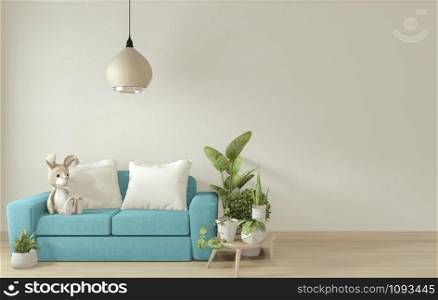 poster mock up living room interior with blue sofa on white room design minimal design. 3D rendering