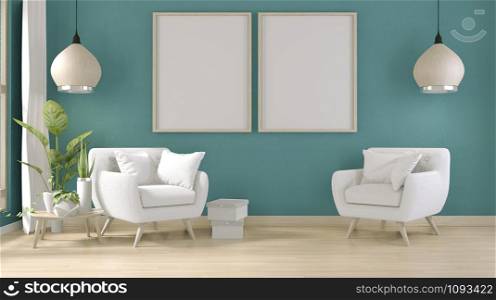 poster mock up living room interior with white armchair sofa on blue room design minimal design. 3D rendering