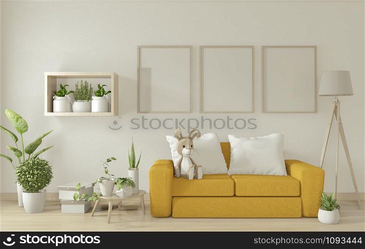 poster mock up living room interior with yellow armchair sofa on white room design minimal design. 3D rendering