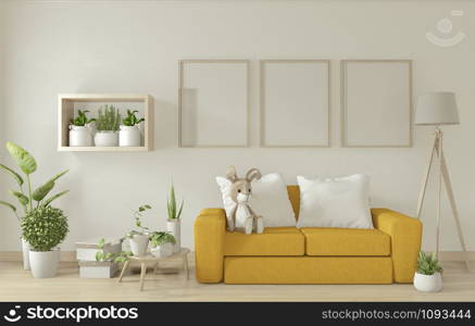 poster mock up living room interior with yellow armchair sofa on white room design minimal design. 3D rendering