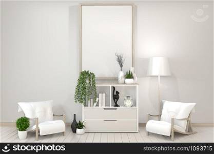 Poster mock up white cabinet, frame, chair and decoration plants zen style.3D rendering