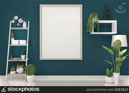 poster mock up with empty wooden frame on dark blue wall and decoration plants. 3D rendering.