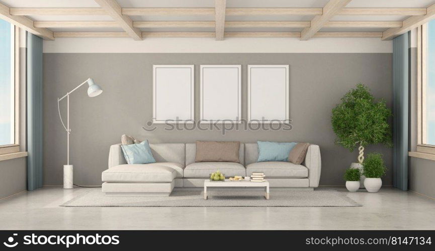 Poster mockup in a minimalist living room with modern sofa and wooden roof beams - 3d rendering. Poster mockup in a minimalist living room