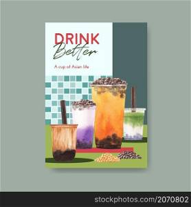 Poster template with bubble milk tea concept design for advertise and marketing watercolor vector illustration