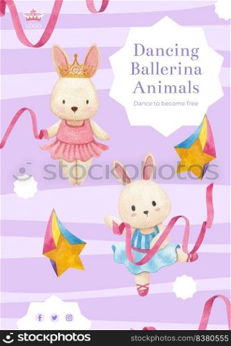 Poster template with Fairy ballerinas animals concept,watercolor style