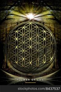 Poster, Wallpaper with Flower Of Life in beautiful, mystical nature landscape