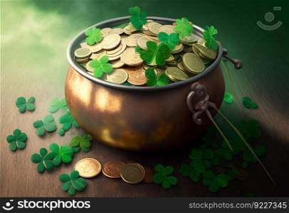 Pot of luck with coins shamrocks and clovers illustration. AI generative.
