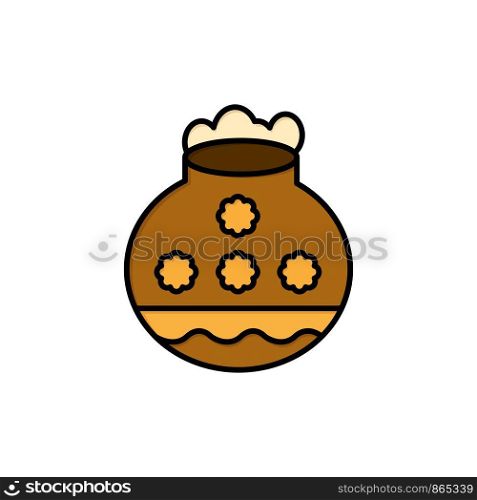Pot, Sand, Water, Pongal, Festival Flat Color Icon. Vector icon banner Template