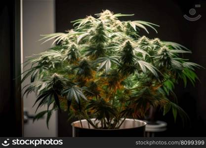 pot with blooming cannabis buds, indoor cultivation generative ai.