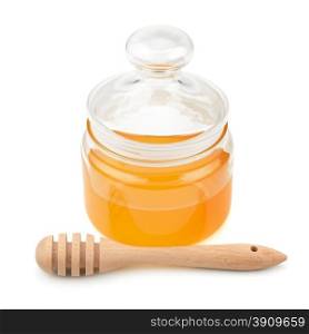 pot with honey and drizzler isolation on a white background