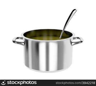Pot with soup and ladle, isolated on white background
