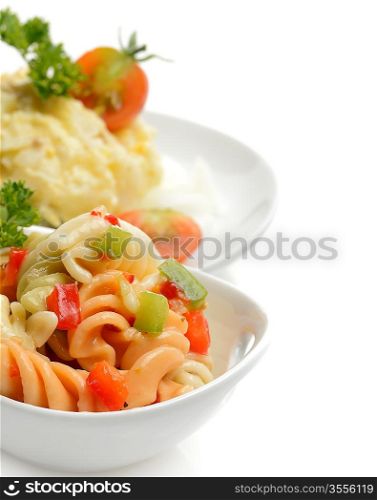 Potato And Macaroni Salad In White Dishes