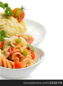 Potato And Macaroni Salad In White Dishes