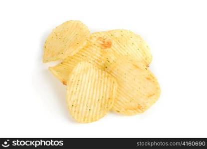 Potato chips close up isolated on a white background