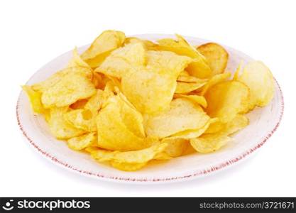 Potato chips on plate isolated on white background.