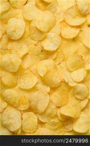 Potato chips texture background flat overhead view