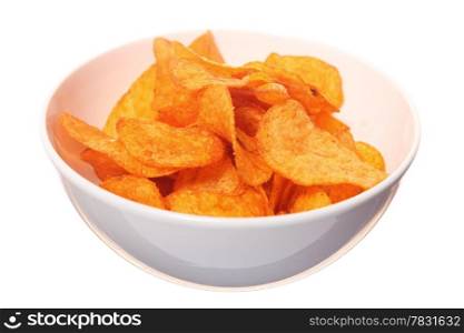 Potato paprika chips in bowl. Isolated on white background
