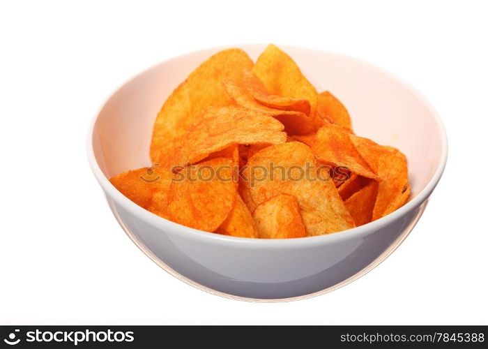 Potato paprika chips in bowl. Isolated on white background
