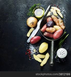 Potato preparation.&#xA;Fresh organic vegetables. Food background. Healthy food from garden