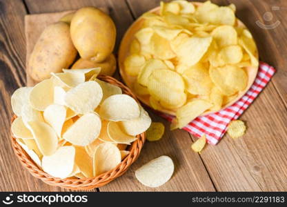 Potatoχps snack on plate top view, Crispy potatoχps in a basket on the kitchen tab≤and fresh raw potatoes