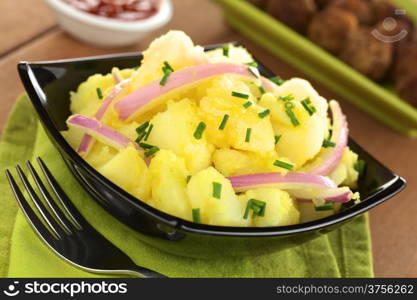Potato salad with onions prepared in Swabian-Style (Southern Germany) (Selective Focus, Focus one third into the bowl)