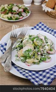 Potato salad with radishes, peas, beans in yogurt dressing