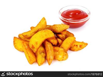 Potato Wedges, Potatoes in a Rural with Tomato Ketchup Studio Photo. Potato Wedges, Potatoes in a Rural with Tomato Ketchup