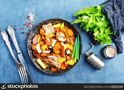 potato with meat on plate, fried potato with meat