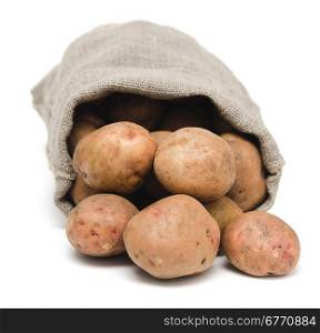 potatoes and burlap sack isolated on white background