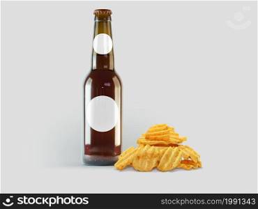 Potatoes chip snacks and brown bottle isolated on colored background. oktoberfest concept.