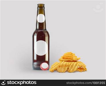 Potatoes chip snacks and brown bottle isolated on colored background. oktoberfest concept.
