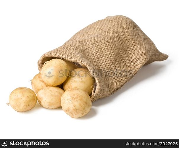 potatoes in burlap bag isolated on white background with clipping path