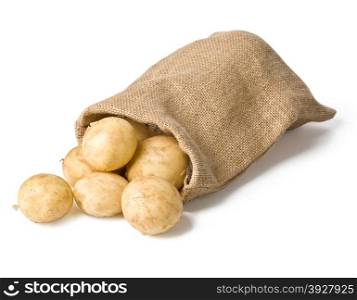 potatoes in burlap bag isolated on white background with clipping path