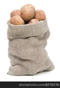 potatoes in burlap sack isolated on white background