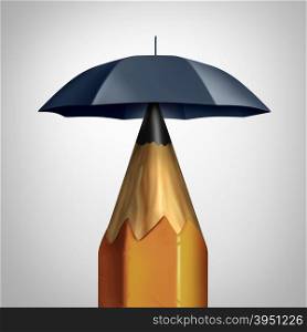 Potential security conceprt or education safety symbol or freedom of speech icon as a pencil with an umbrella protecting the writing instrument representing the guarding of ideas and security plan.
