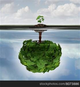 Potential success concept as a symbol for aspiration philosophy idea and determined growth motivation icon as a small young sappling making a reflection of a mature large tree in the water with 3D illustration elements.