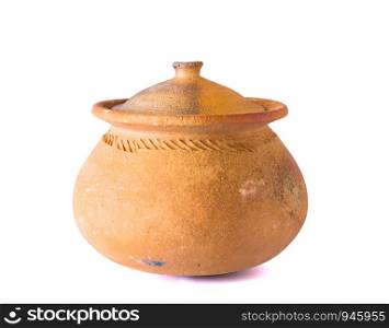 Pots made of traditional clay for use in the kitchen. On a white background
