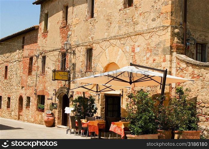 Potted plants and patio umbrellas in front of a building, Piazza Roma, Monteriggioni, Siena Province, Tuscany, Italy