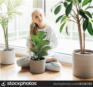 Potted plants at home, held by a cute little girl