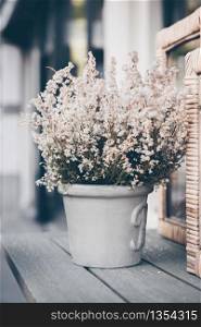 Potted white heather flowers standing on the wooden table outdoors
