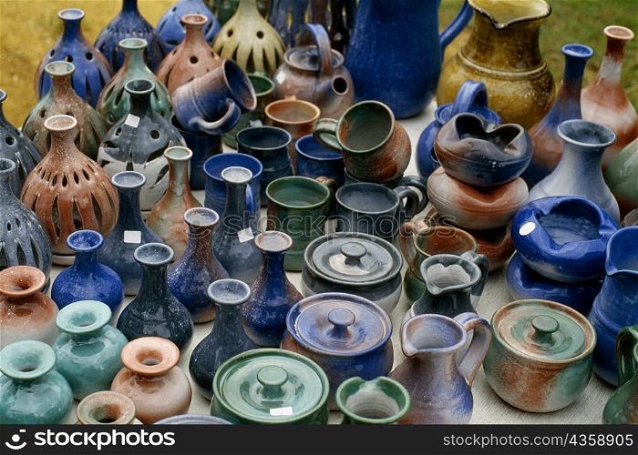 Pottery displayed at a roadside stand, Barbados