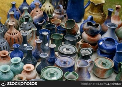 Pottery displayed at a roadside stand, Barbados