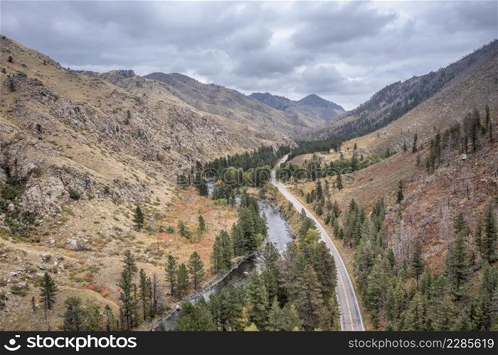 Poudre River Canyon and highway 14 - aerial view of early fall scenery